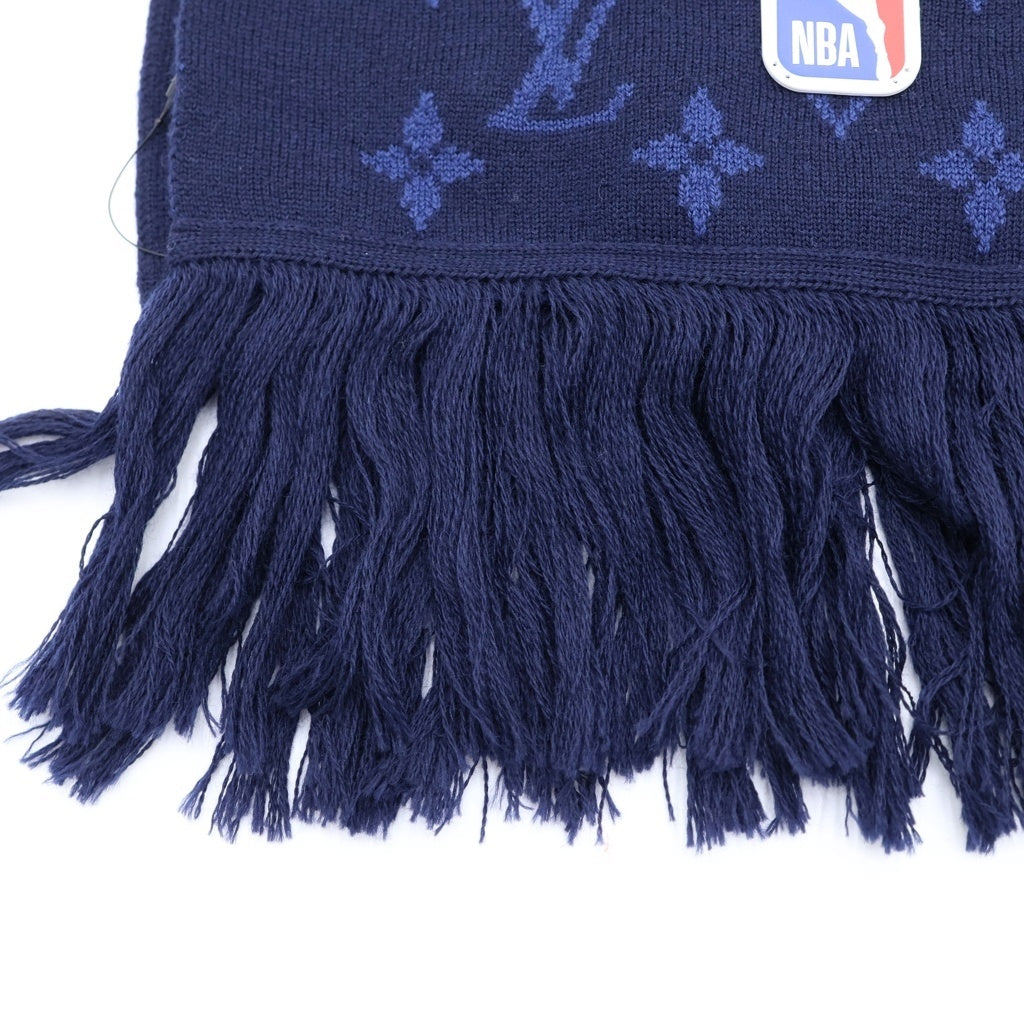 LOUIS VUITTON(ルイヴィトン) 21AW ×NBA エシャルプ モノグラム ロゴ レザーパッチ ウール フリンジマフラー ネイビー MP3033