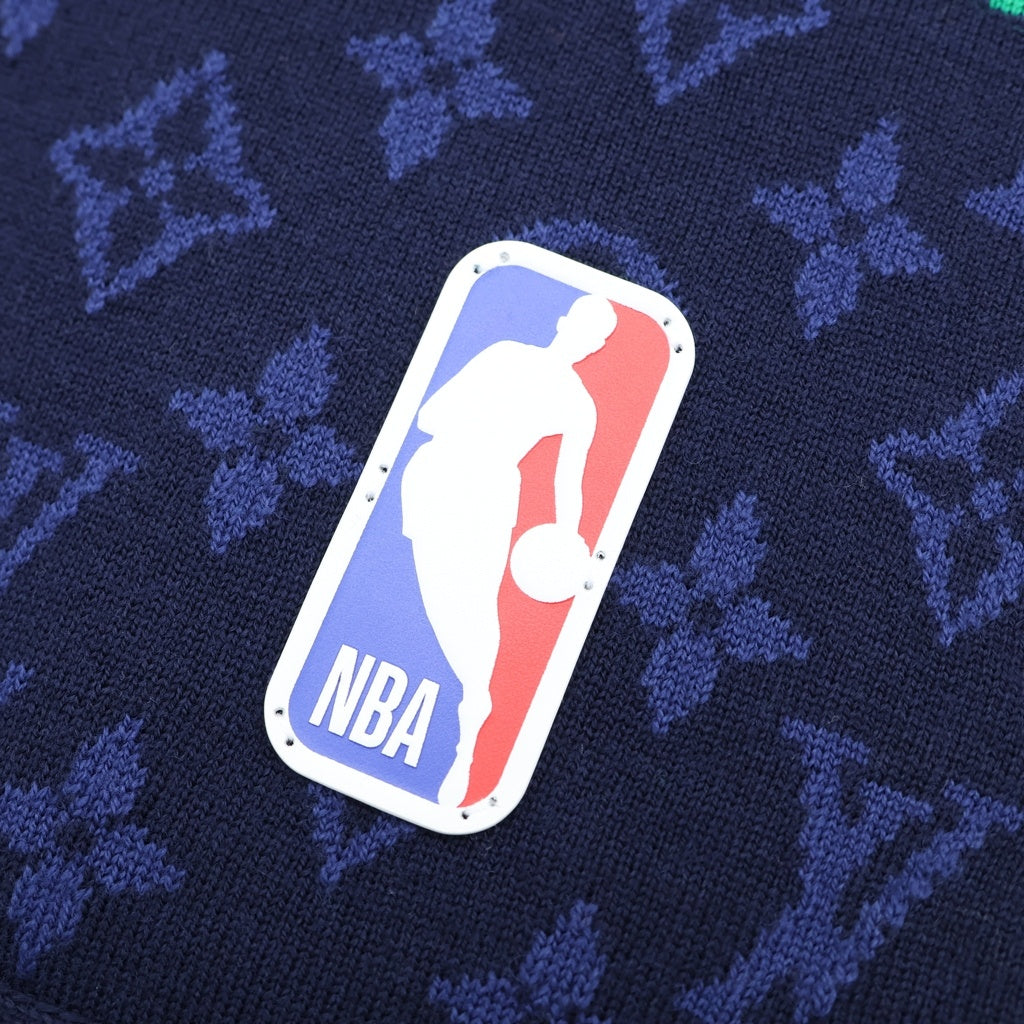 LOUIS VUITTON(ルイヴィトン) 21AW ×NBA エシャルプ モノグラム ロゴ レザーパッチ ウール フリンジマフラー ネイビー MP3033