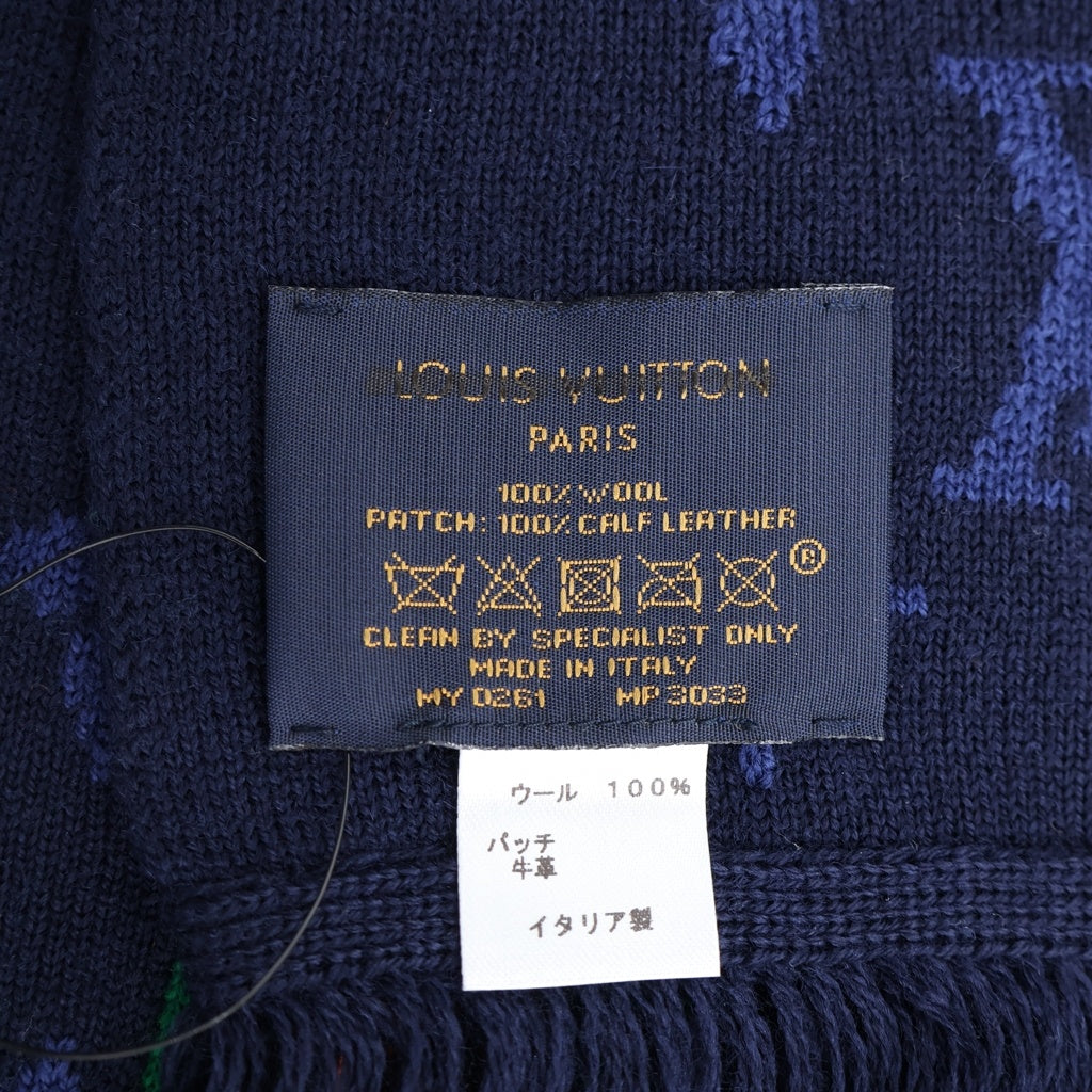 LOUIS VUITTON(ルイヴィトン) 21AW ×NBA エシャルプ モノグラム ロゴ レザーパッチ ウール フリンジマフラー ネイビー MP3033
