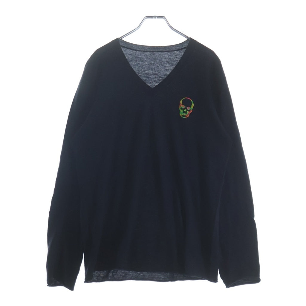 lucien pellat-finet(ルシアンペラフィネ) カラフルスカル刺繍カシミヤ Vネックセーター カシミヤ ネイビー #M