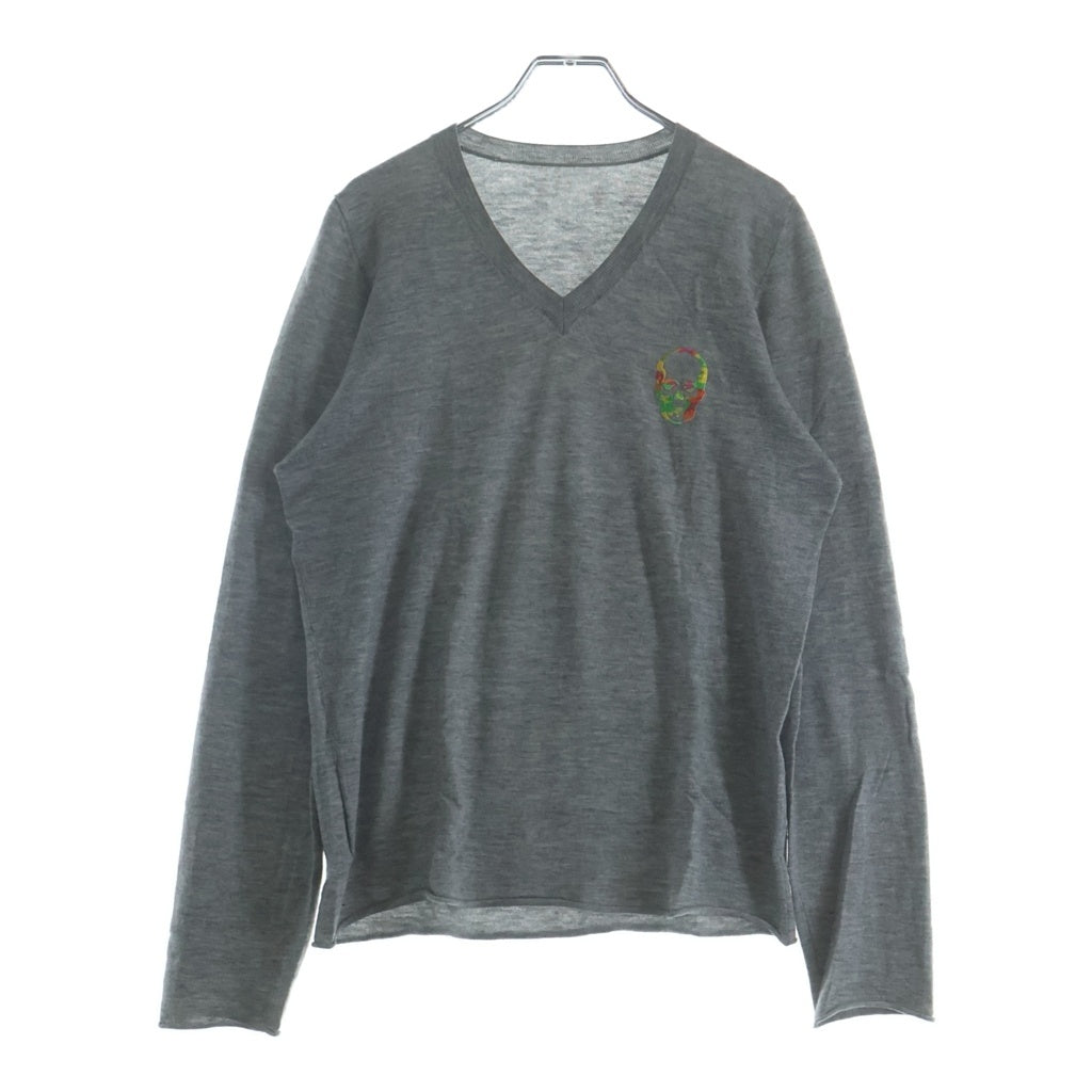 lucien pellat-finet(ルシアンペラフィネ) カラフルスカル刺繍 Vネックセーター カシミヤ グレー #M
