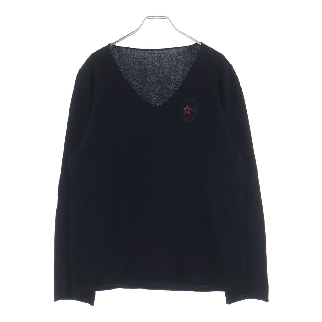 lucien pellat-finet(ルシアンペラフィネ) スカル刺繍 スタースカル カシミヤVネックセーター ブラック #L