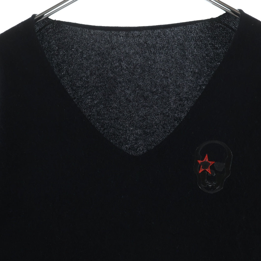 lucien pellat-finet(ルシアンペラフィネ) スカル刺繍 スタースカル カシミヤVネックセーター ブラック #L