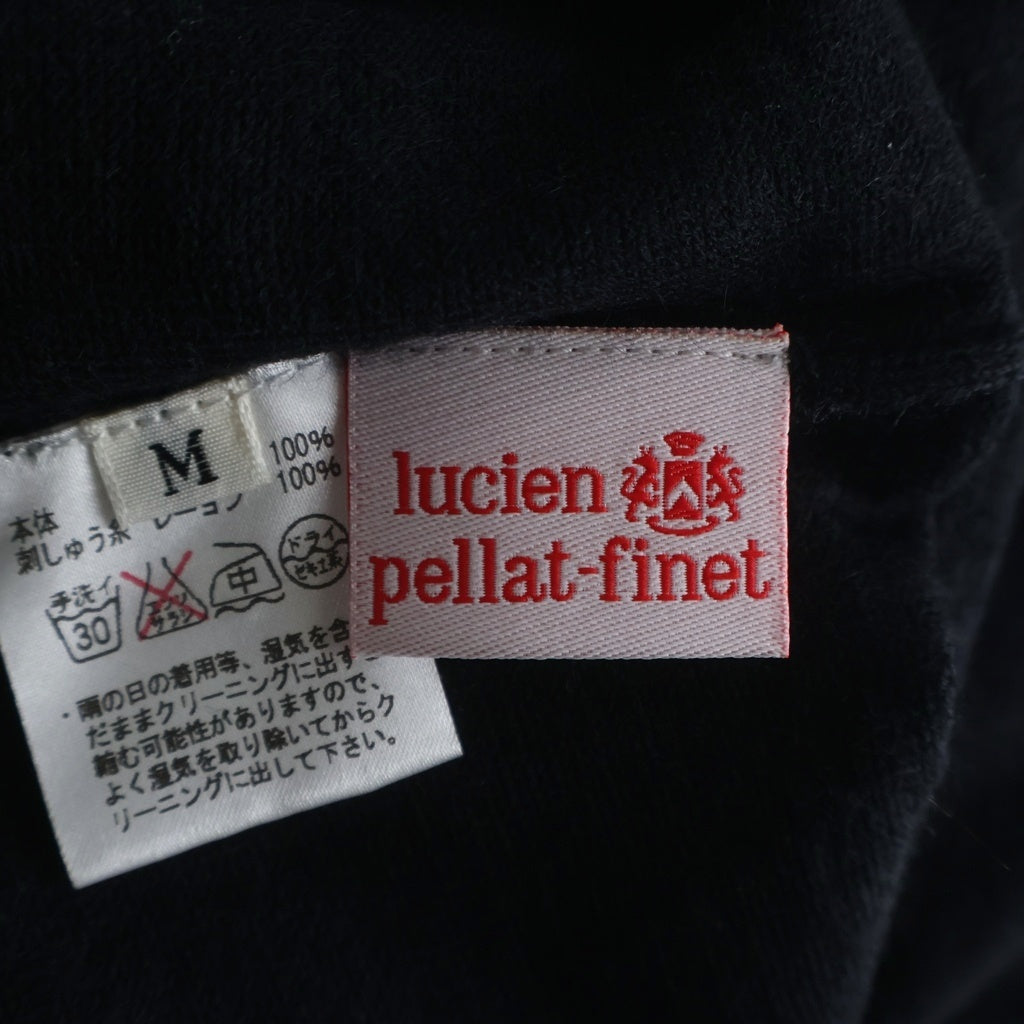 lucien pellat-finet(ルシアンペラフィネ) 袖ライン ストリート風刺繍 カシミヤニットカーディガン ブラック #M