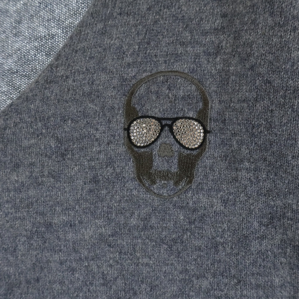 lucien pellat-finet(ルシアンペラフィネ) スカル刺繍 ラインストーン カシミヤニットセーター グレー #L
