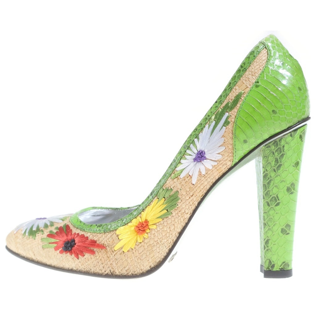 DOLCE & GABBANA(ドルチェアンドガッバーナ) 刺繍入り ラフィアパンプス ハイヒール レザー 花柄 マルチカラー レディース