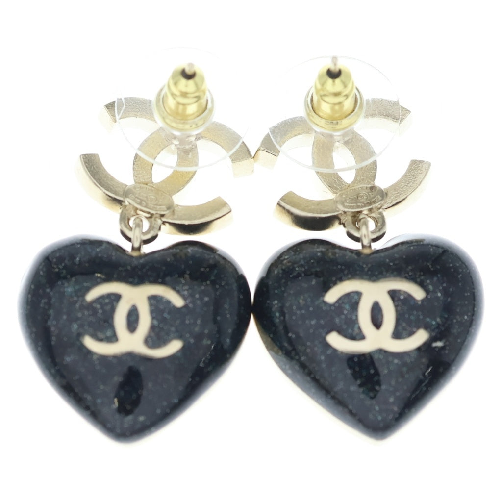 CHANEL(シャネル) C23P ココマーク ハート ラインストーン ピアス ゴールド金具 ブラック/ゴールド レディース