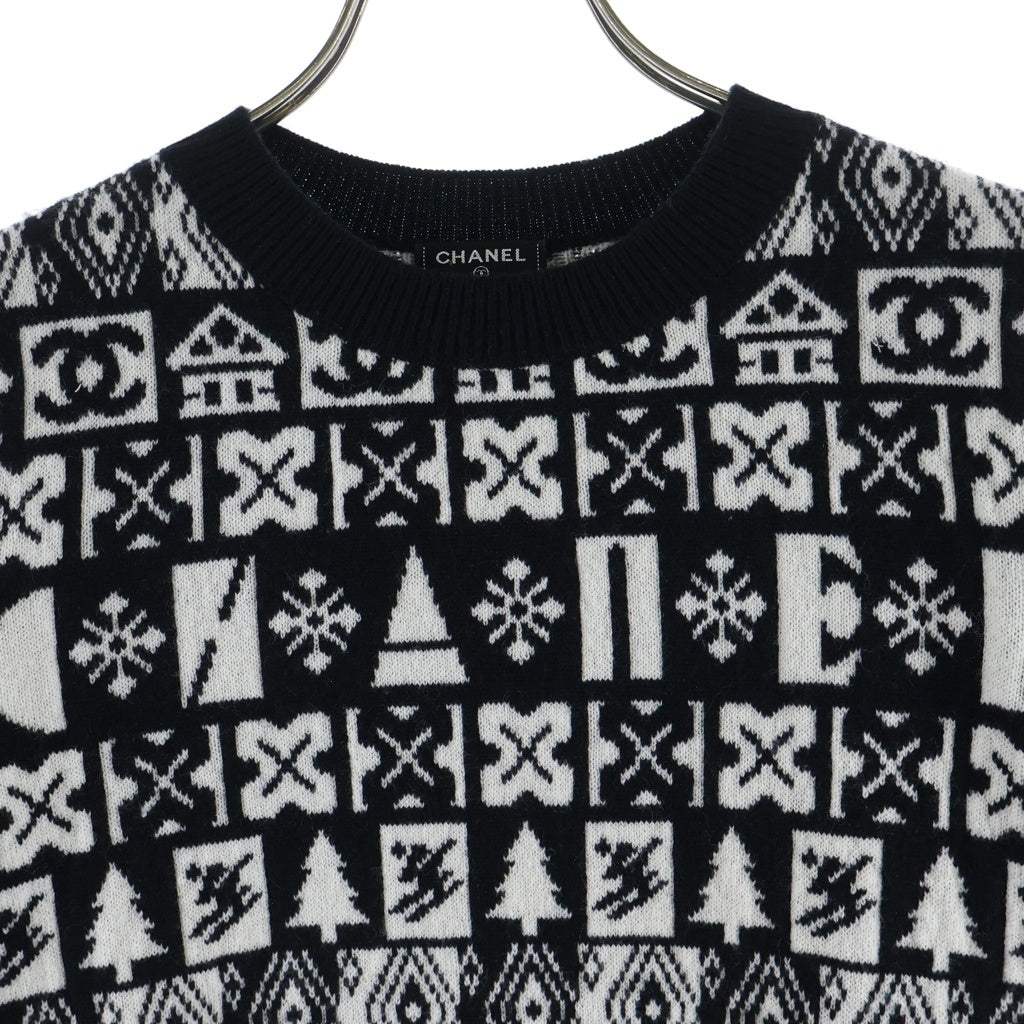 CHANEL(シャネル) 総柄 カシミア長袖ニット セーター ロゴ ブラック/ホワイト P62184K47603 レディース