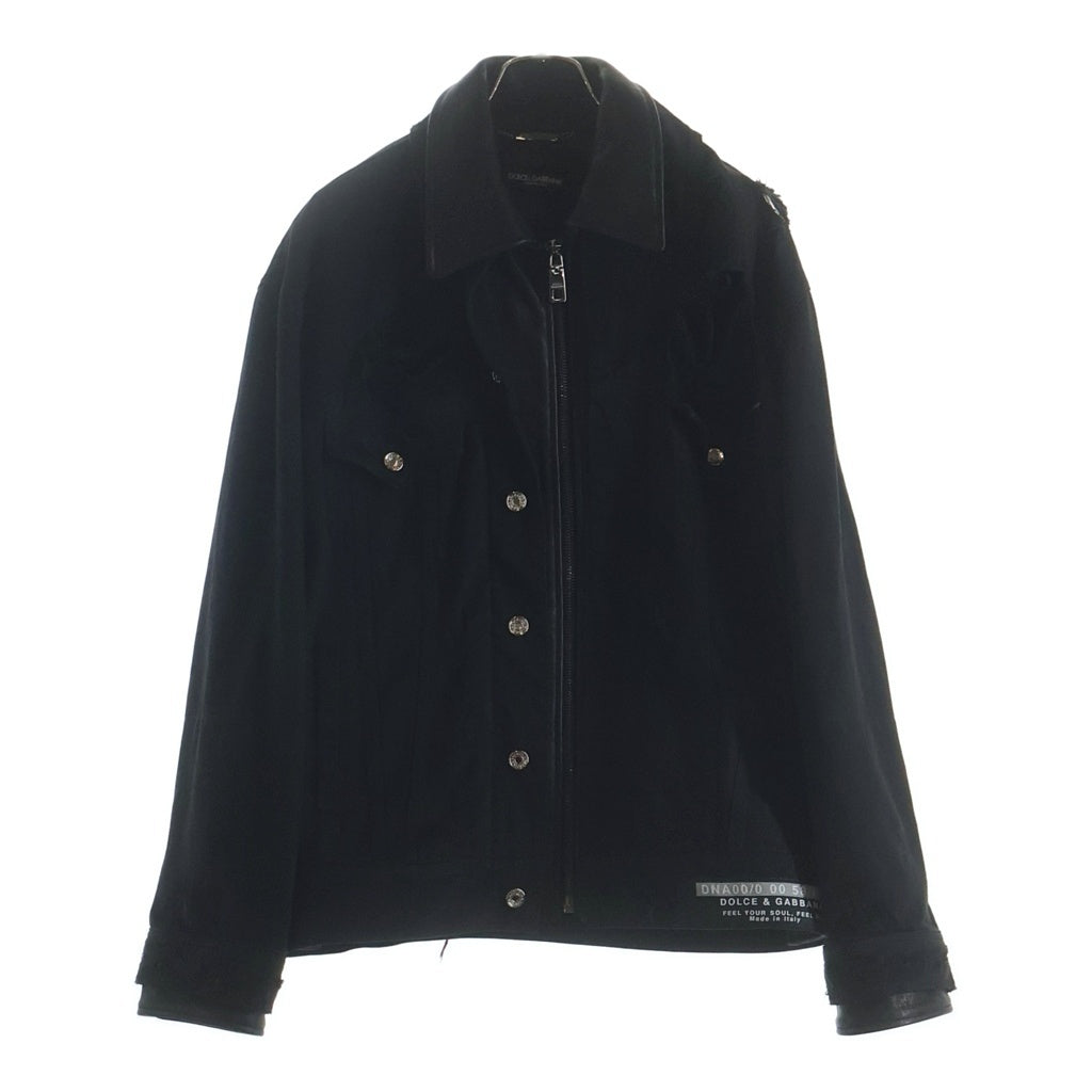 DOLCE & GABBANA(ドルチェアンドガッバーナ) レザー切り替え ダメージ加工デニムジャケット 異素材ミックス ロゴ ブラック G9UM5Z
