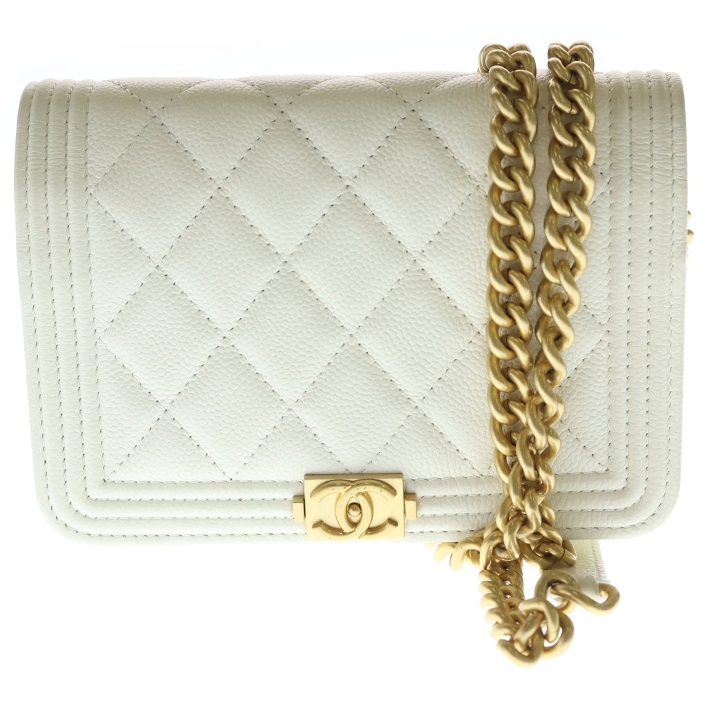 CHANEL(シャネル) ボーイシャネル W15.5 ミニチェーンショルダーバッグ ウォレット ホワイト キャビアスキン ゴールド金具 レディース