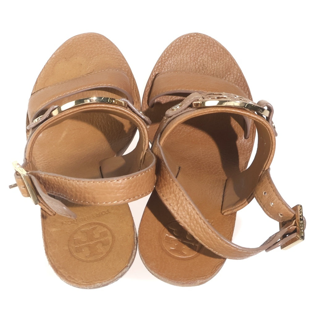 TORY BURCH(トリー バーチ) ロゴプレート レザー ヒール ウェッジソール サンダル シューズ ブラウン レディース