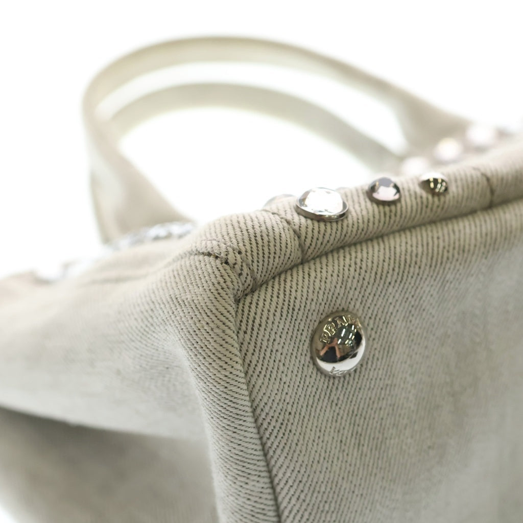 PRADA(プラダ) カナパ ビジュー ラインストーン 2WAYハンドバッグ ショルダーバッグ トートバッグ アイボリー キャンバス 1BG439 レディース
