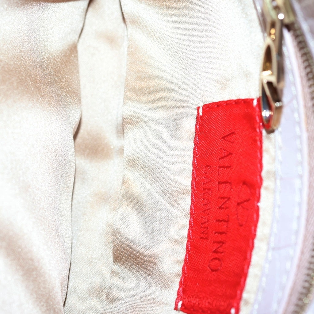 VALENTINO(ヴァレンティノ) パール ワンショルダーバッグ ベビーピンク サテン×型押しクロコ レザー ゴールド金具 レディース