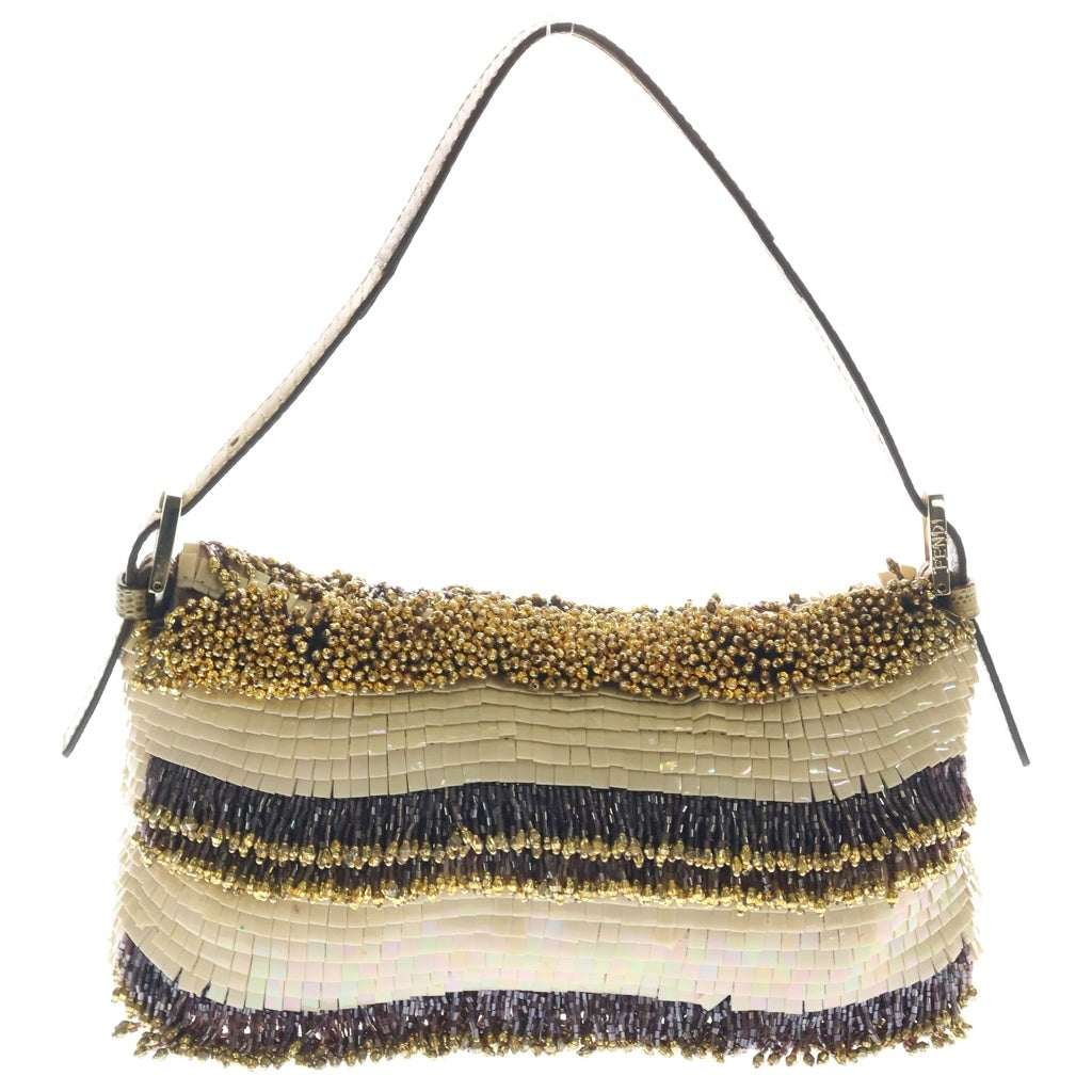 FENDI(フェンディ) マンマバケット ハンドバッグ ワンショルダーバッグ ベージュ スパンコール×パイソン 8BR000 ゴールド金具 レディース