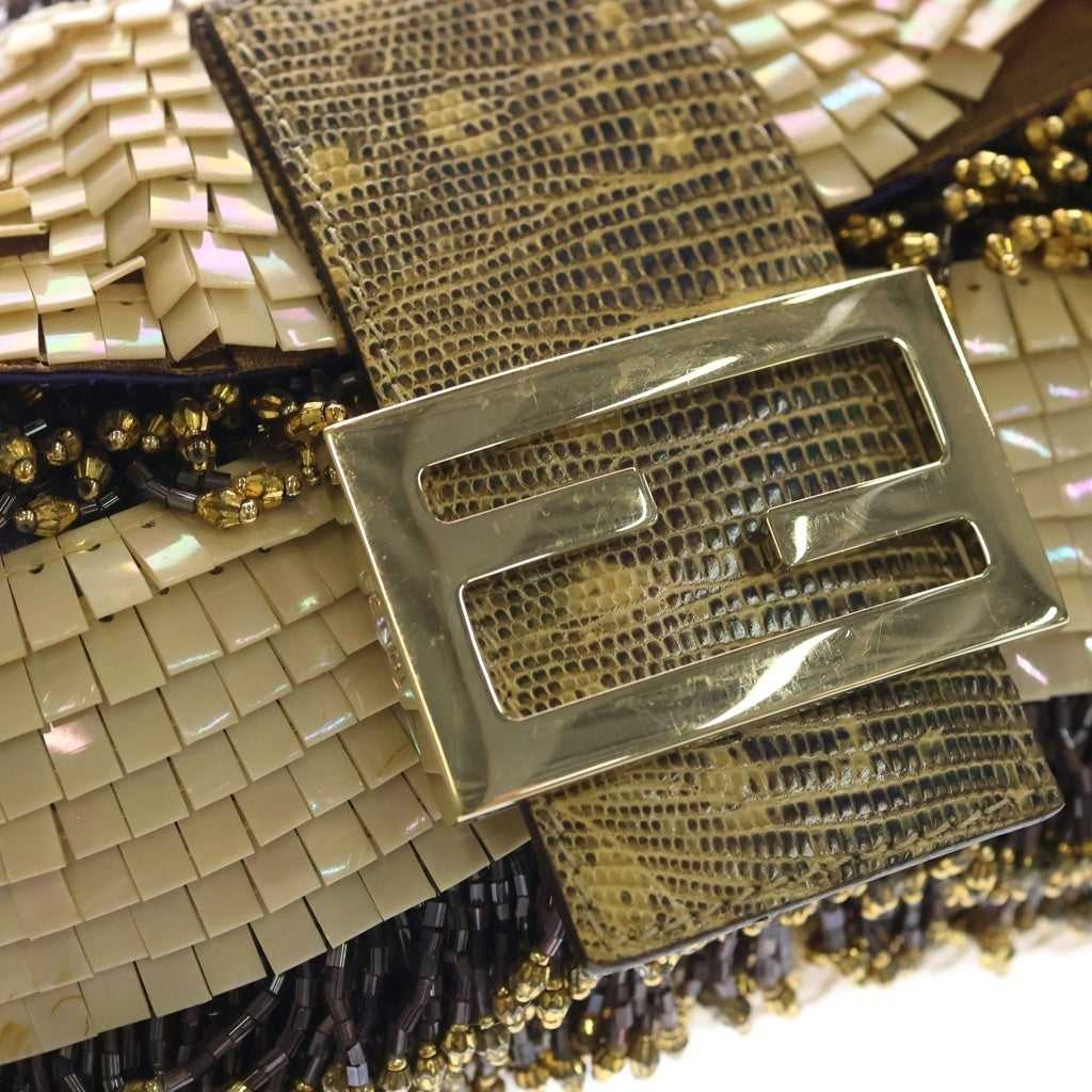 FENDI(フェンディ) マンマバケット ハンドバッグ ワンショルダーバッグ ベージュ スパンコール×パイソン 8BR000 ゴールド金具 レディース