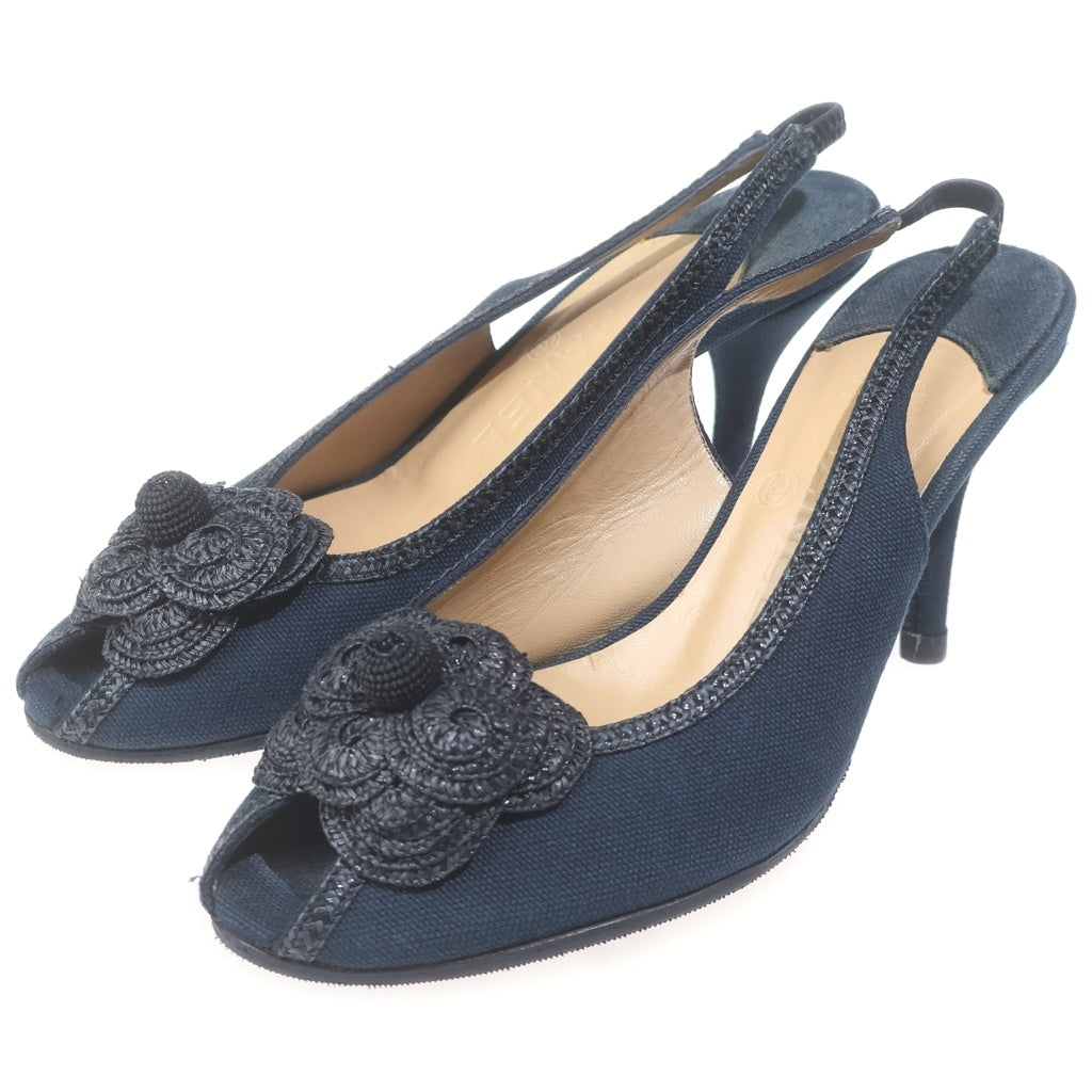 CHANEL(シャネル) カメリア キャンバス ヒールパンプス ネイビー #36 レディース