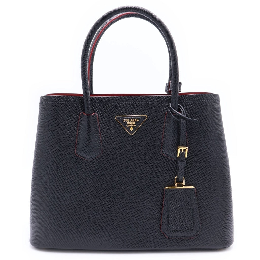 PRADA(プラダ) ドゥーブル サフィアーノレザー ミディアムバッグ ハンドバッグ ブラック×レッド レザー 1BG887 ゴールド金具 レディース
