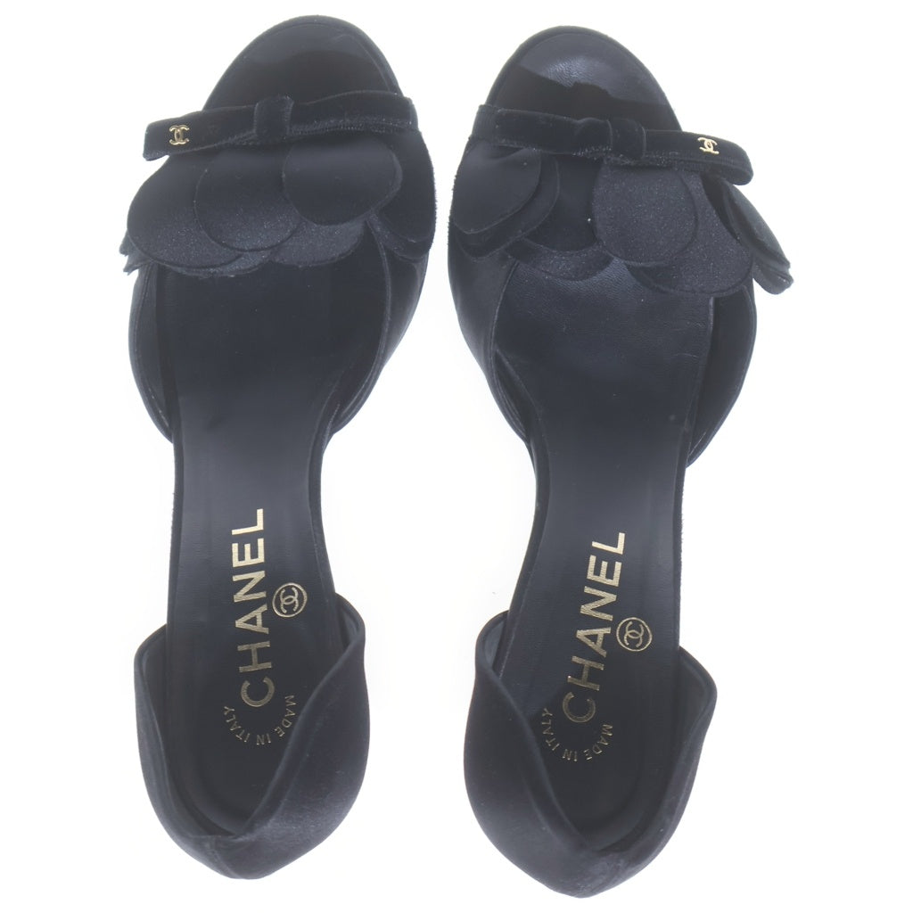 CHANEL(シャネル) カメリア リボン レザー オープントゥ ピンヒール ミュール サンダル パンプス #37 ブラック レディース