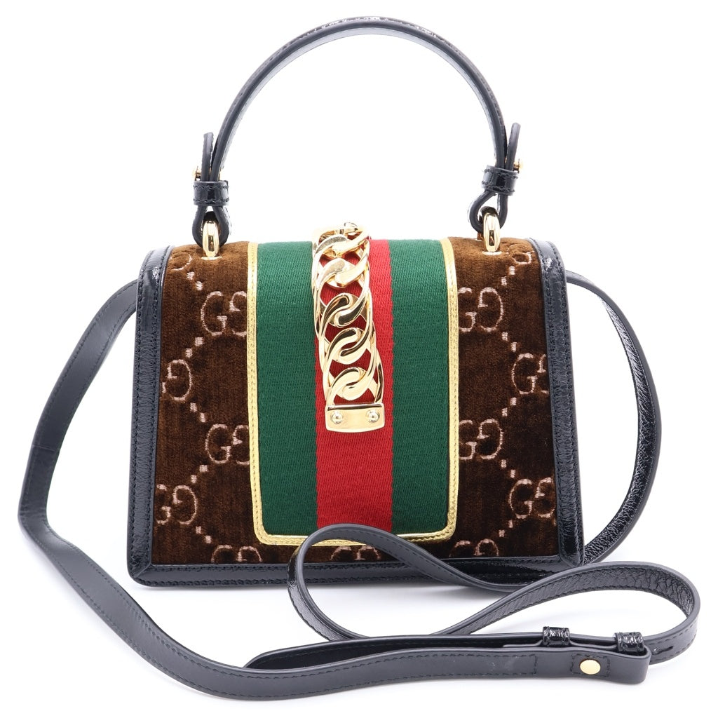 GUCCI(グッチ) シルヴィ シェリーライン ベルベット ベロア レザー ゴールド金具 2WAY ハンドバッグ ショルダーバッグ ブラウン 493075 レディース