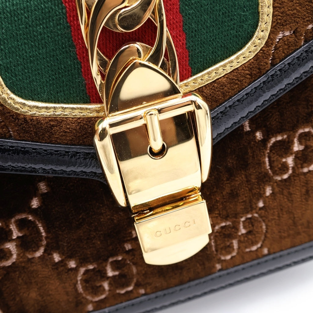 GUCCI(グッチ) シルヴィ シェリーライン ベルベット ベロア レザー ゴールド金具 2WAY ハンドバッグ ショルダーバッグ ブラウン 493075 レディース