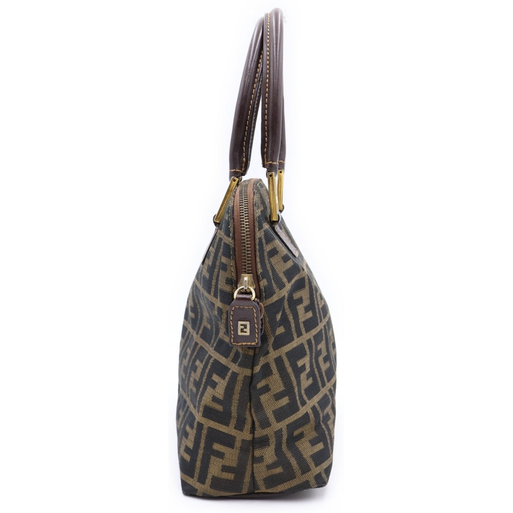 FENDI(フェンディ) ズッカ ハンドバッグ ブラウン レザー×キャンバス ゴールド金具 レディース