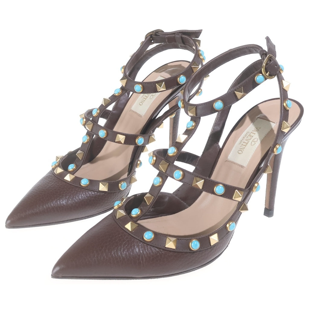 VALENTINO(ヴァレンティノ) ロックスタッズ ターコイズ レザー ストラップ ヒール パンプス シューズ ブラウン レディース