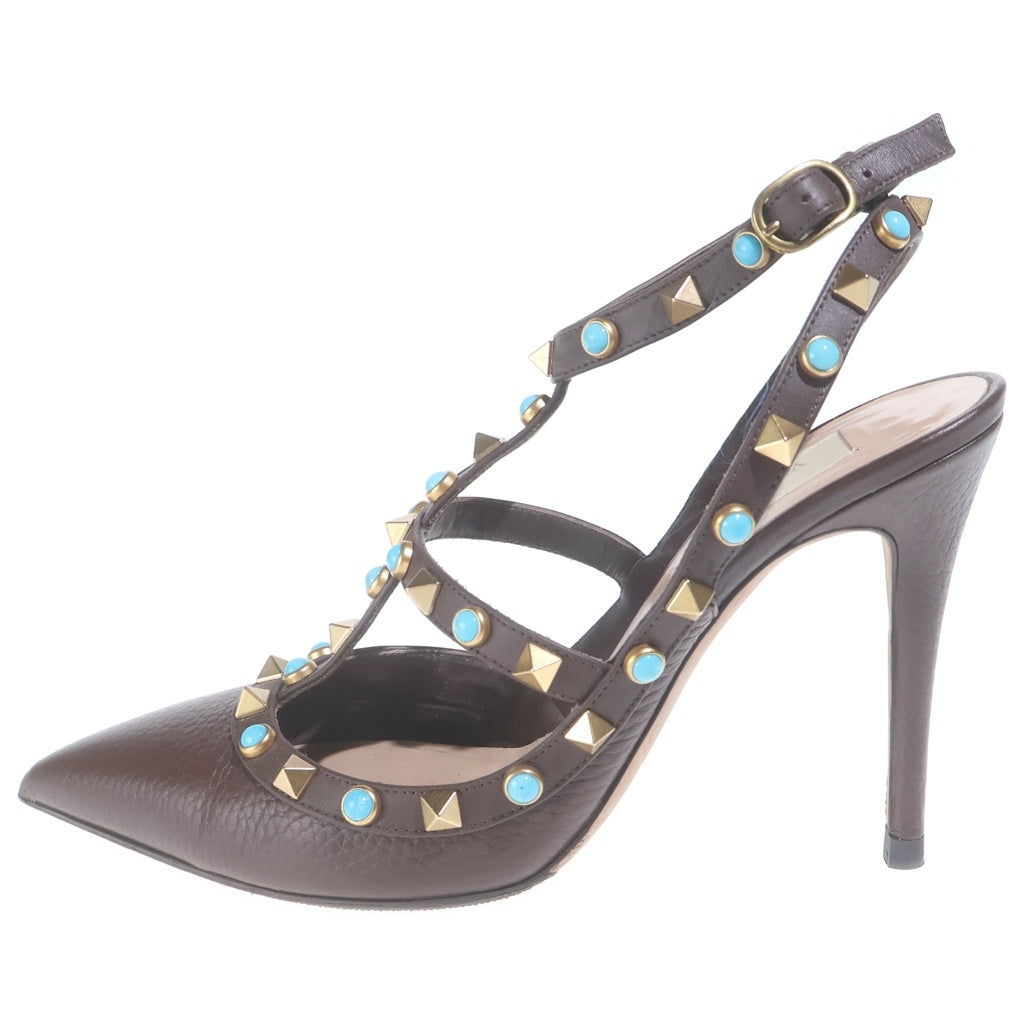 VALENTINO(ヴァレンティノ) ロックスタッズ ターコイズ レザー ストラップ ヒール パンプス シューズ ブラウン レディース
