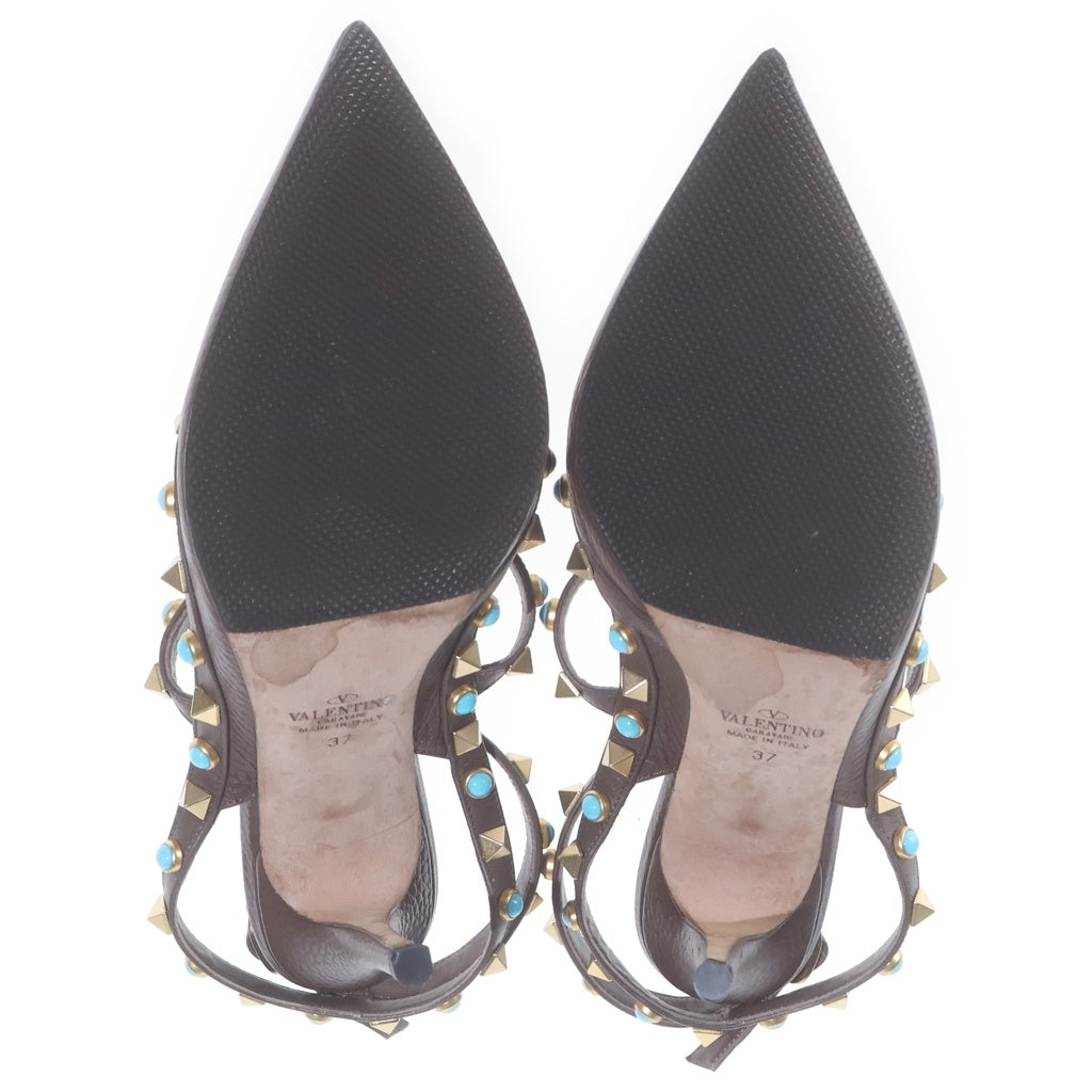 VALENTINO(ヴァレンティノ) ロックスタッズ ターコイズ レザー ストラップ ヒール パンプス シューズ ブラウン レディース