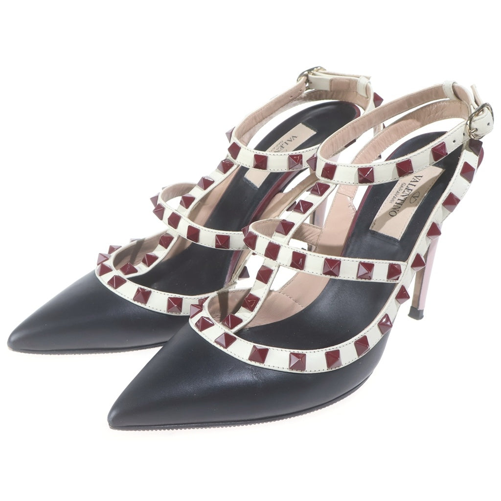 VALENTINO(ヴァレンティノ) ロックスタッズ レザー ストラップ ヒール パンプス シューズ ブラック/ボルドー レディース