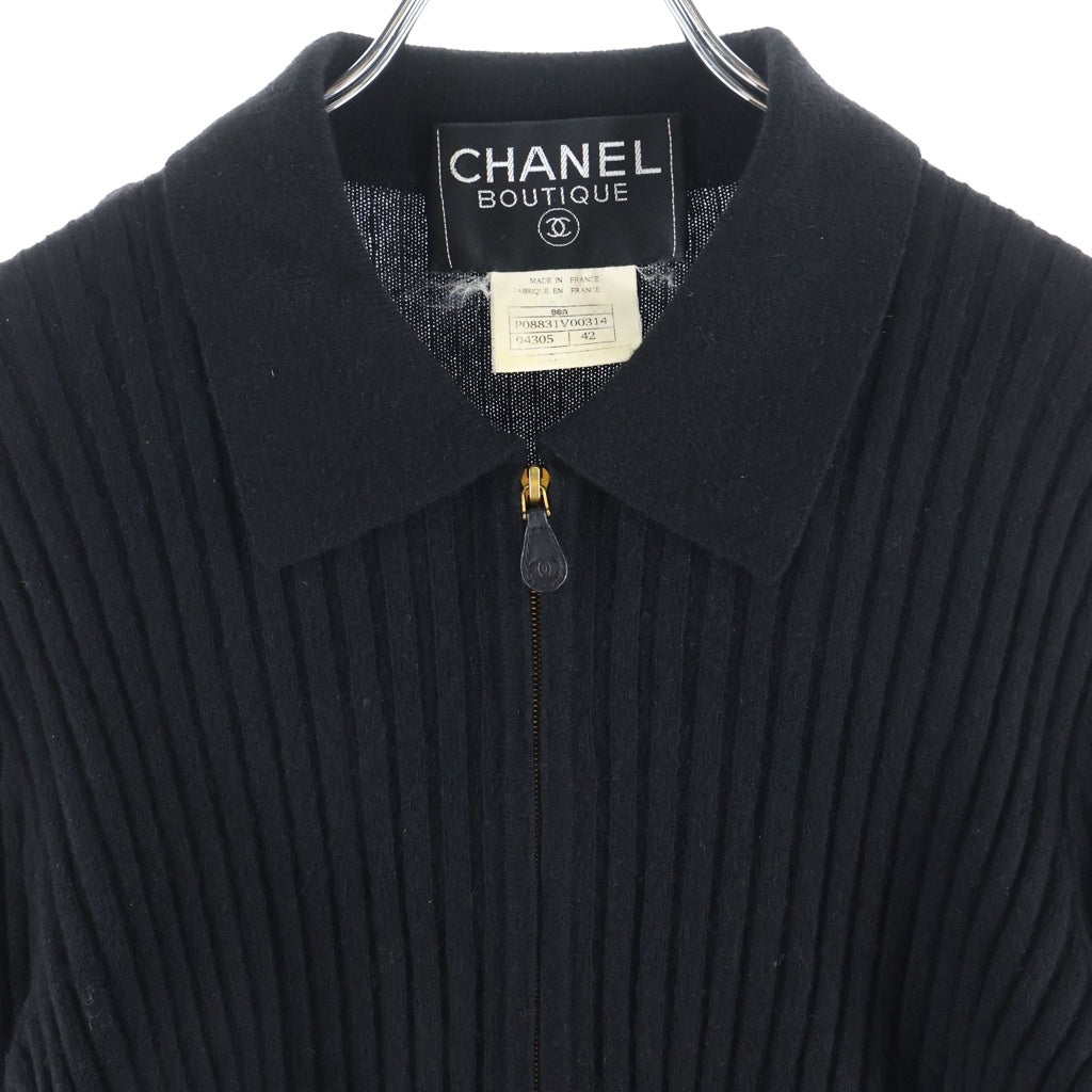 CHANEL(シャネル) 96AW archive カメリア刺繍 ドライバーズニット ジャケット ジップアップ フランス製 ワッペン カシミヤ ブラック P08831V00314 レディース