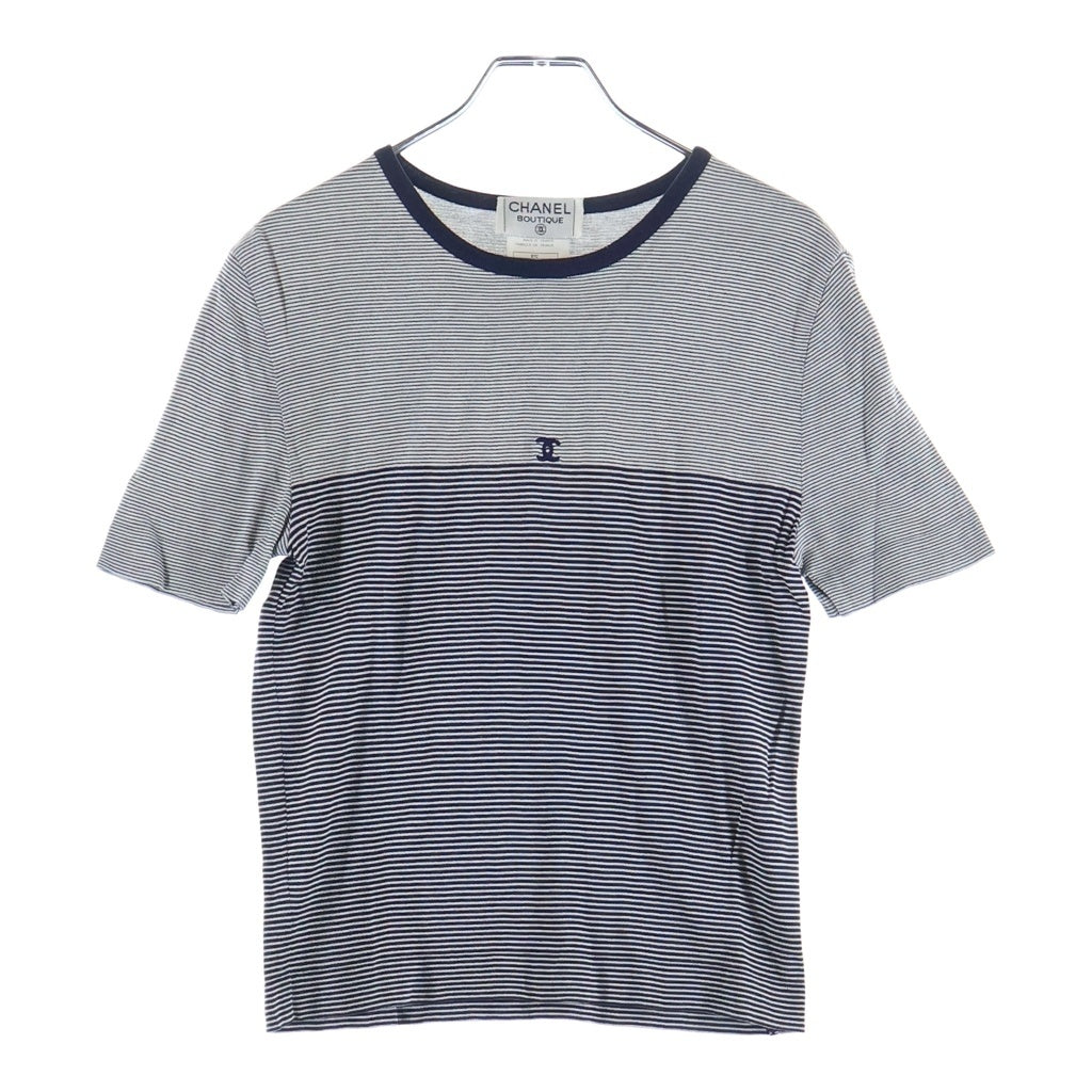 CHANEL(シャネル) 97C ココマーク刺繍 ボーダー総柄 クルーネック 半袖 Tシャツ カットソー ネイビー レディース P08622V00338