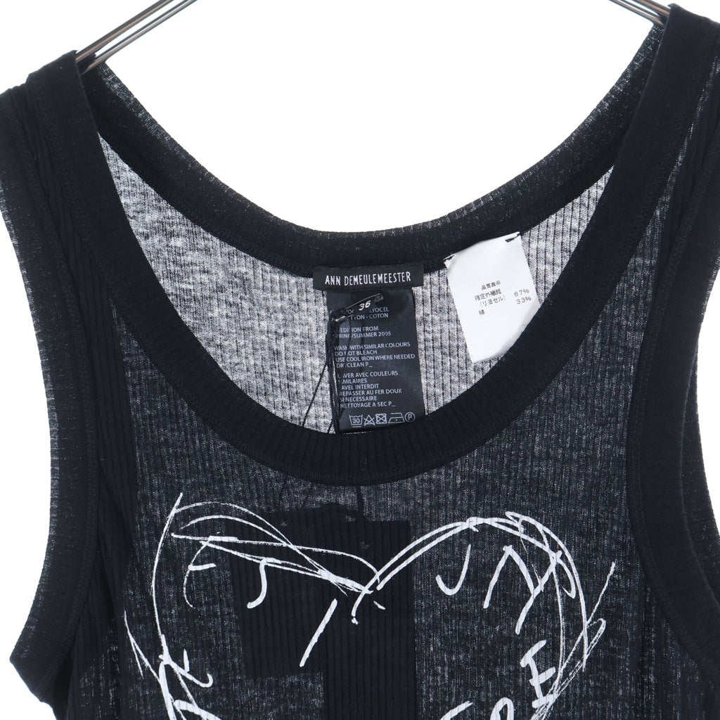 ANN DEMEULEMEESTER(アンドゥムルメステール) 05SS RE-EDITION ハートプリント ノースリーブリブワンピース ロング丈 カットソー リヨセル コットン ブラック レディース