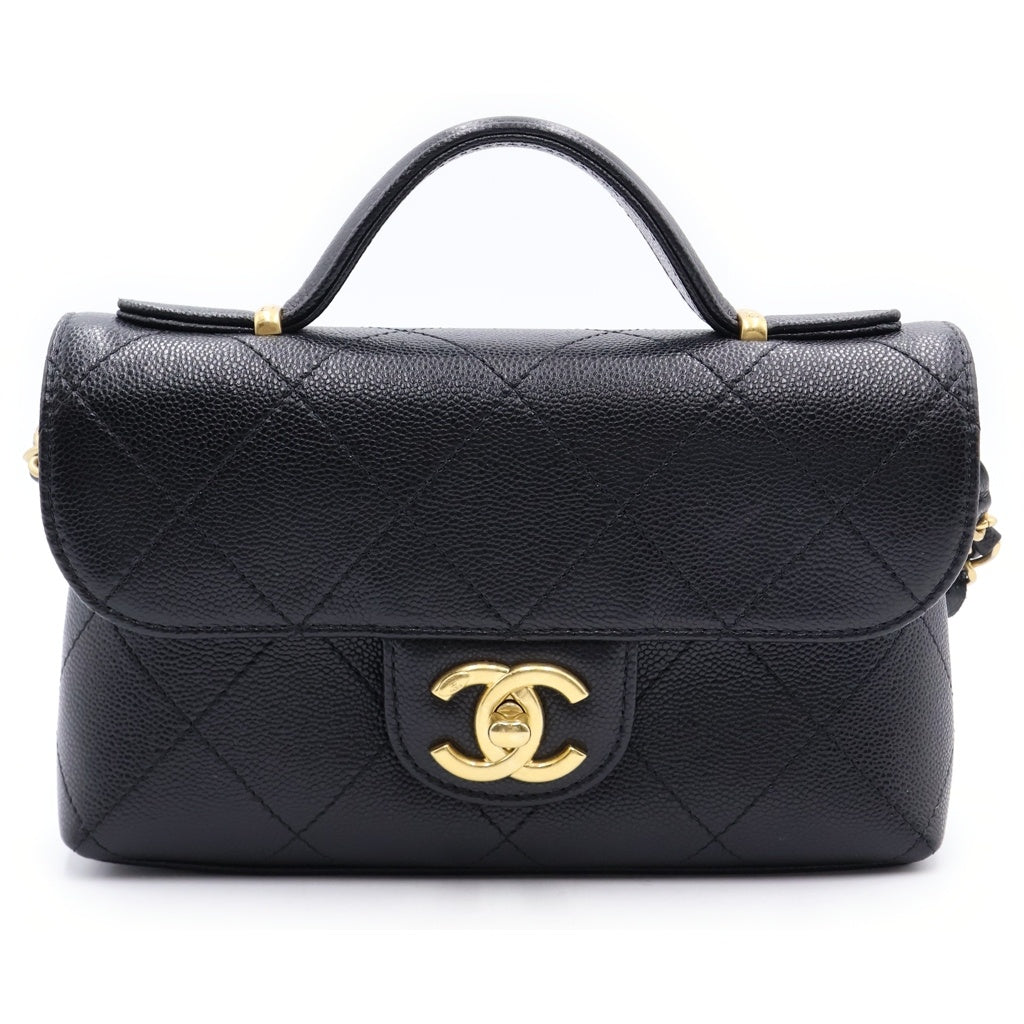 CHANEL(シャネル) ミニマトラッセ トップハンドル キャビアスキン レザー 2WAY ハンド チェーンショルダーバッグ ゴールド金具 ブラックプレート レディース