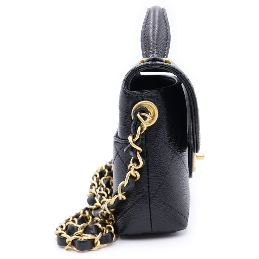 CHANEL(シャネル) ミニマトラッセ トップハンドル キャビアスキン レザー 2WAY ハンド チェーンショルダーバッグ ゴールド金具 ブラックプレート レディース