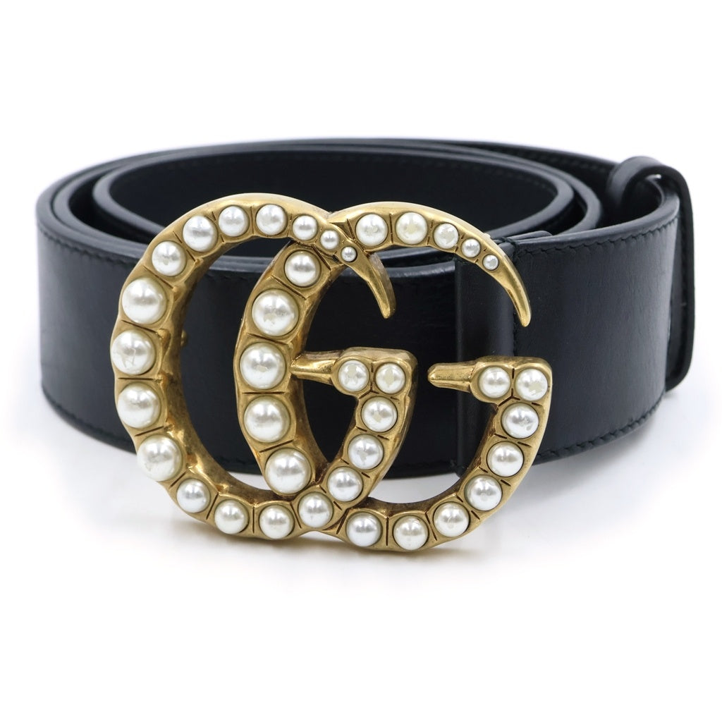GUCCI(グッチ) ダブルG ロゴバックル パール レザーベルト ゴールド金具 ブラック 453260 レディース
