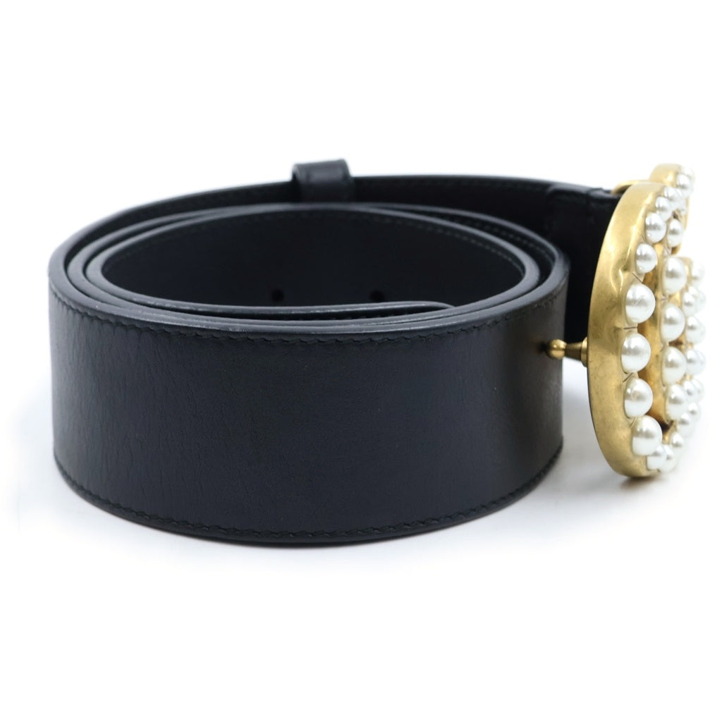 GUCCI(グッチ) ダブルG ロゴバックル パール レザーベルト ゴールド金具 ブラック 453260 レディース