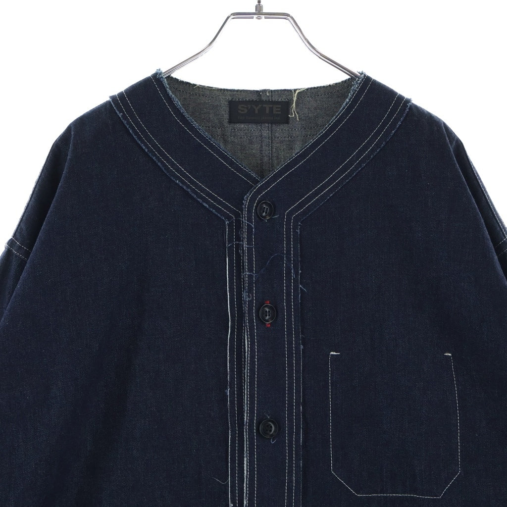 s'yte(サイト) 18SS カットオフ ノーカラー デニム カバーオール ジャケット ダメージ ネイビー UW-B42-087
