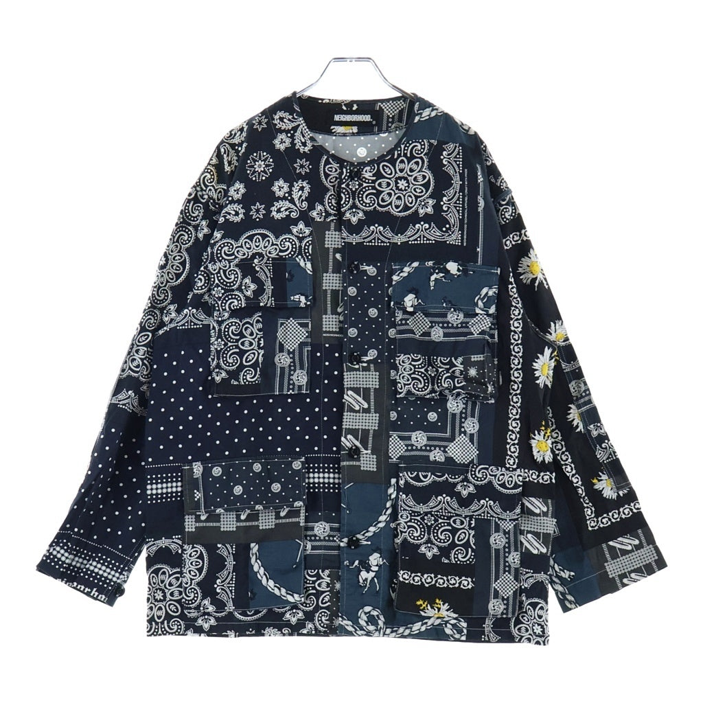 NEIGHBORHOOD(ネイバーフッド) 21SS BANDANA NC バンダナ柄ノーカラー長袖シャツ ペイズリー柄 ネイビー コットン 211AQNH-SHM07