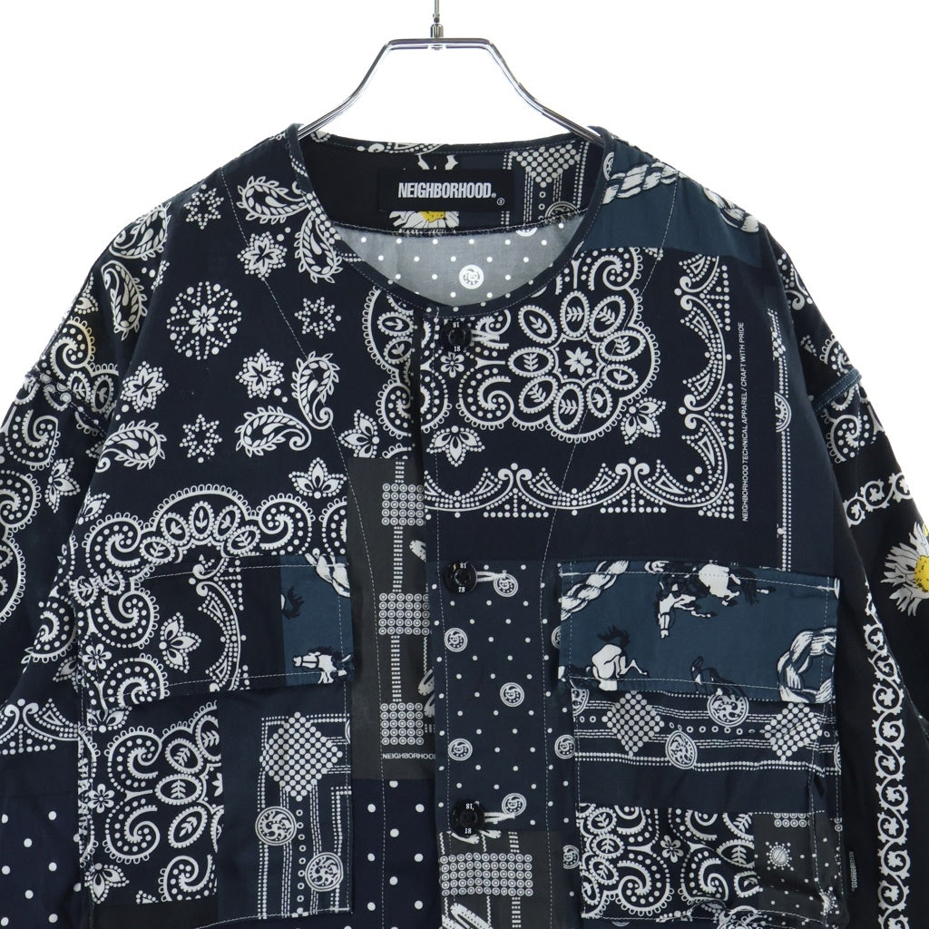 NEIGHBORHOOD(ネイバーフッド) 21SS BANDANA NC バンダナ柄ノーカラー長袖シャツ ペイズリー柄 ネイビー コットン 211AQNH-SHM07