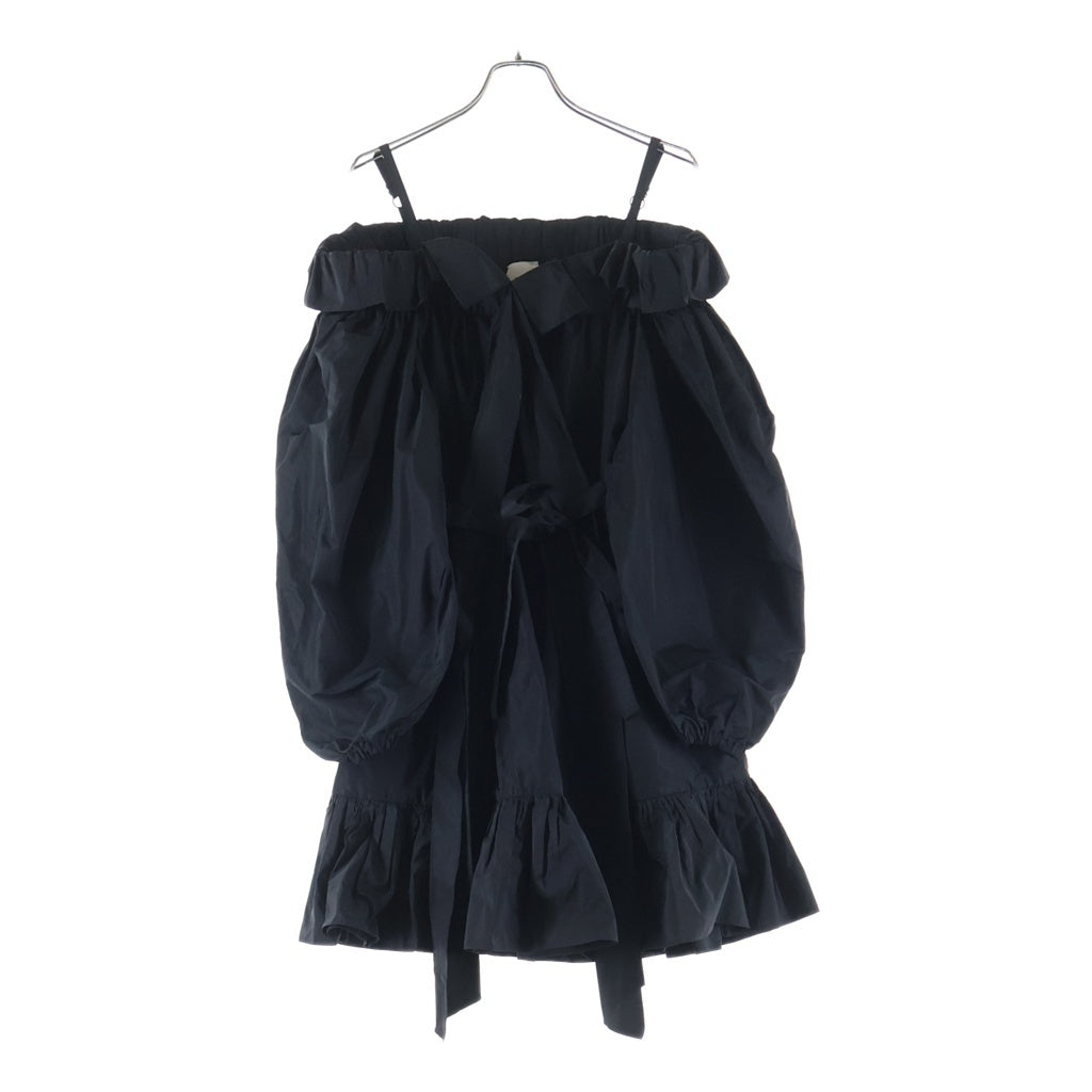 PATOU(パトゥー) ギャザーワンピース パフスリーブ リボン オフショルダー ポリエステル ブラック 34 レディース