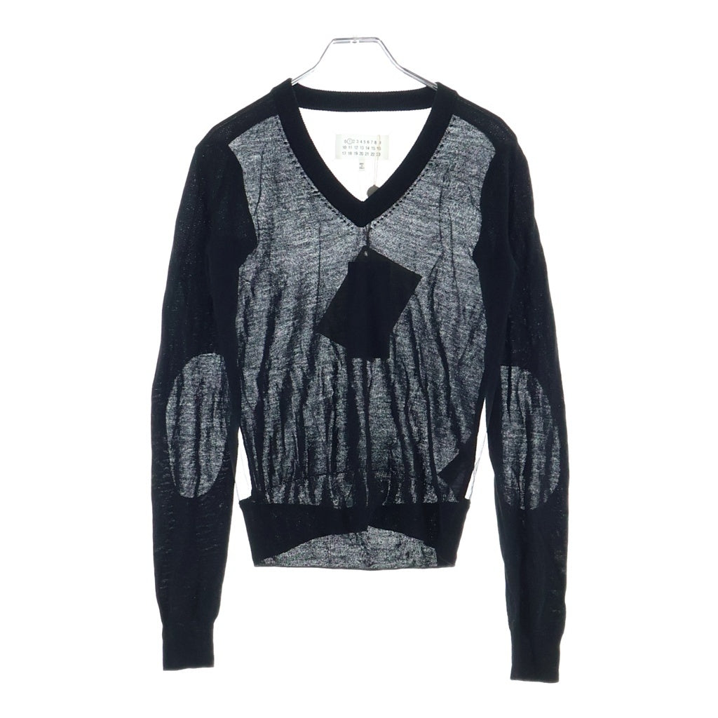Maison Margiela(メゾンマルジェラ) 15AW シアー切り替え エルボーパッチ Vネック ウール プルオーバー 長袖ニット セーター ブラック レディース S51HA0599 S15315