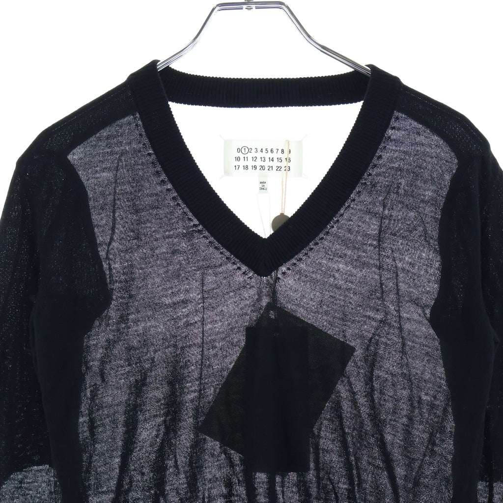 Maison Margiela(メゾンマルジェラ) 15AW シアー切り替え エルボーパッチ Vネック ウール プルオーバー 長袖ニット セーター ブラック レディース S51HA0599 S15315