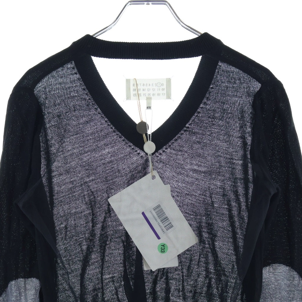 Maison Margiela(メゾンマルジェラ) 15AW シアー切り替え エルボーパッチ Vネック ウール プルオーバー 長袖ニット セーター ブラック レディース S51HA0599 S15315