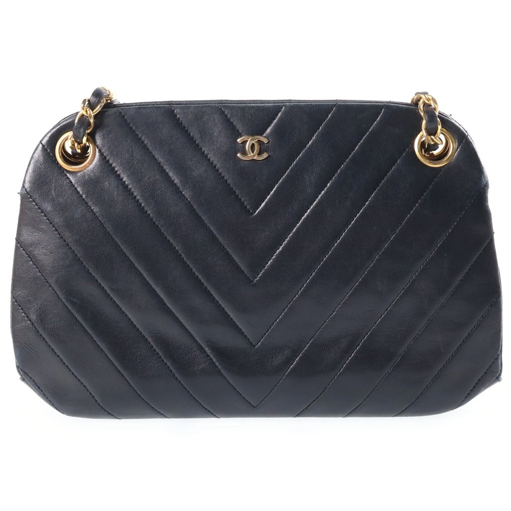 CHANEL(シャネル) ココマーク シェブロン Vステッチ チェーンショルダーバッグ ブラック ラムスキン ゴールド金具 レディース