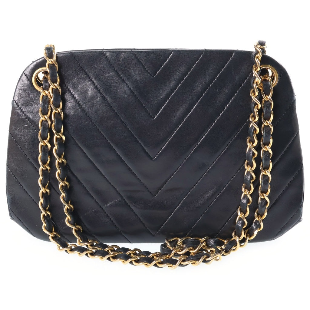 CHANEL(シャネル) ココマーク シェブロン Vステッチ チェーンショルダーバッグ ブラック ラムスキン ゴールド金具 レディース