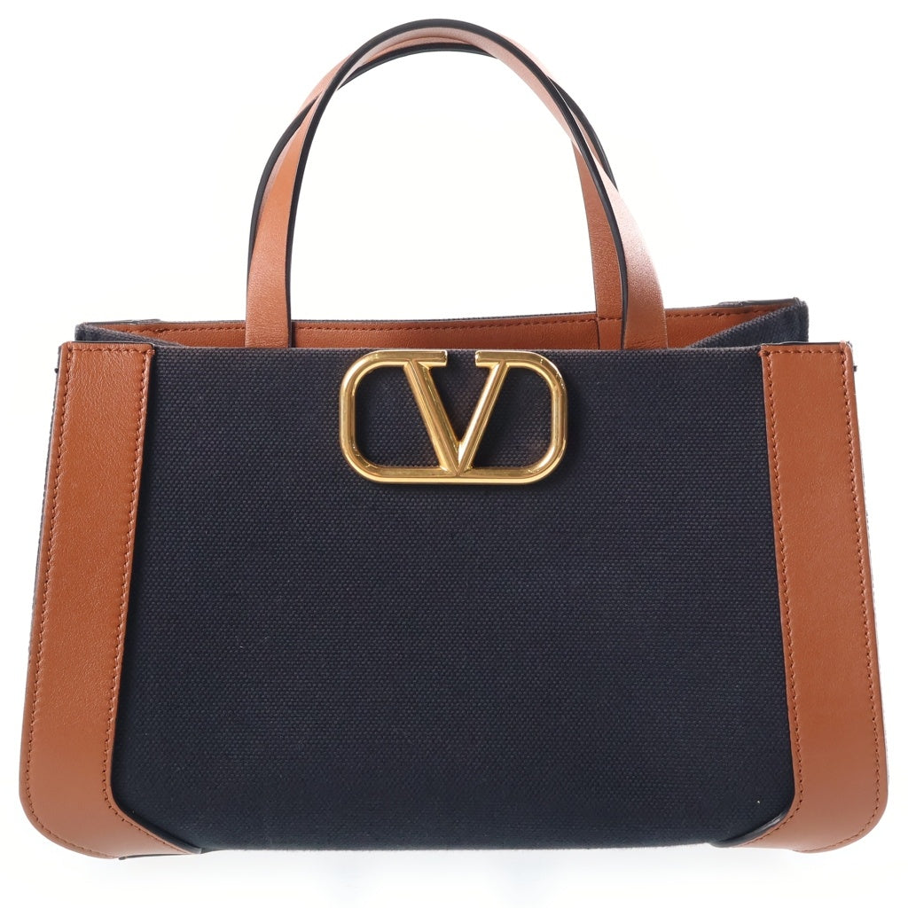 VALENTINO GARAVANI(ヴァレンチノガラヴァーニ) Vロゴ シグネチャー 2WAYハンドバッグ ショルダーバッグ ネイビー×ブラウン キャンバス×レザー レディース
