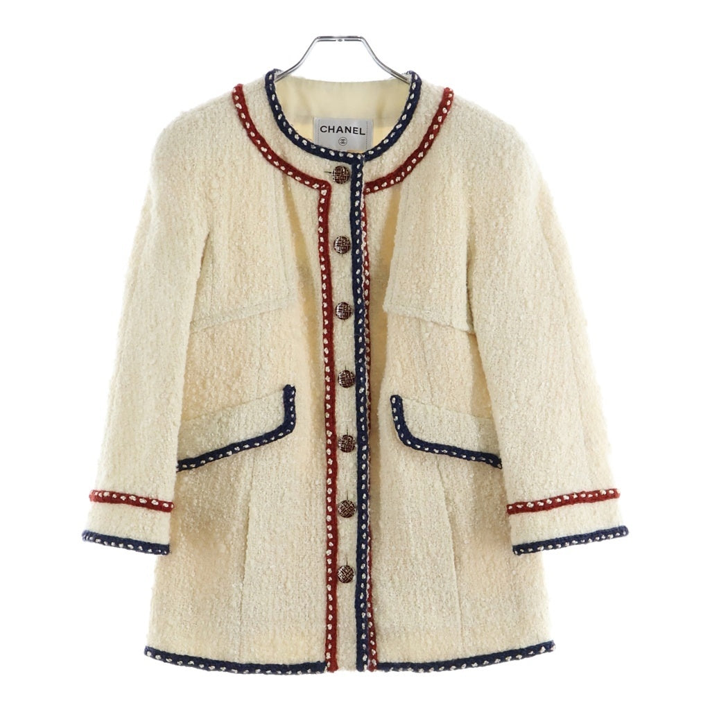 CHANEL(シャネル) ツイードノーカラーロングジャケット アイボリー ホワイト トリコロール レディース