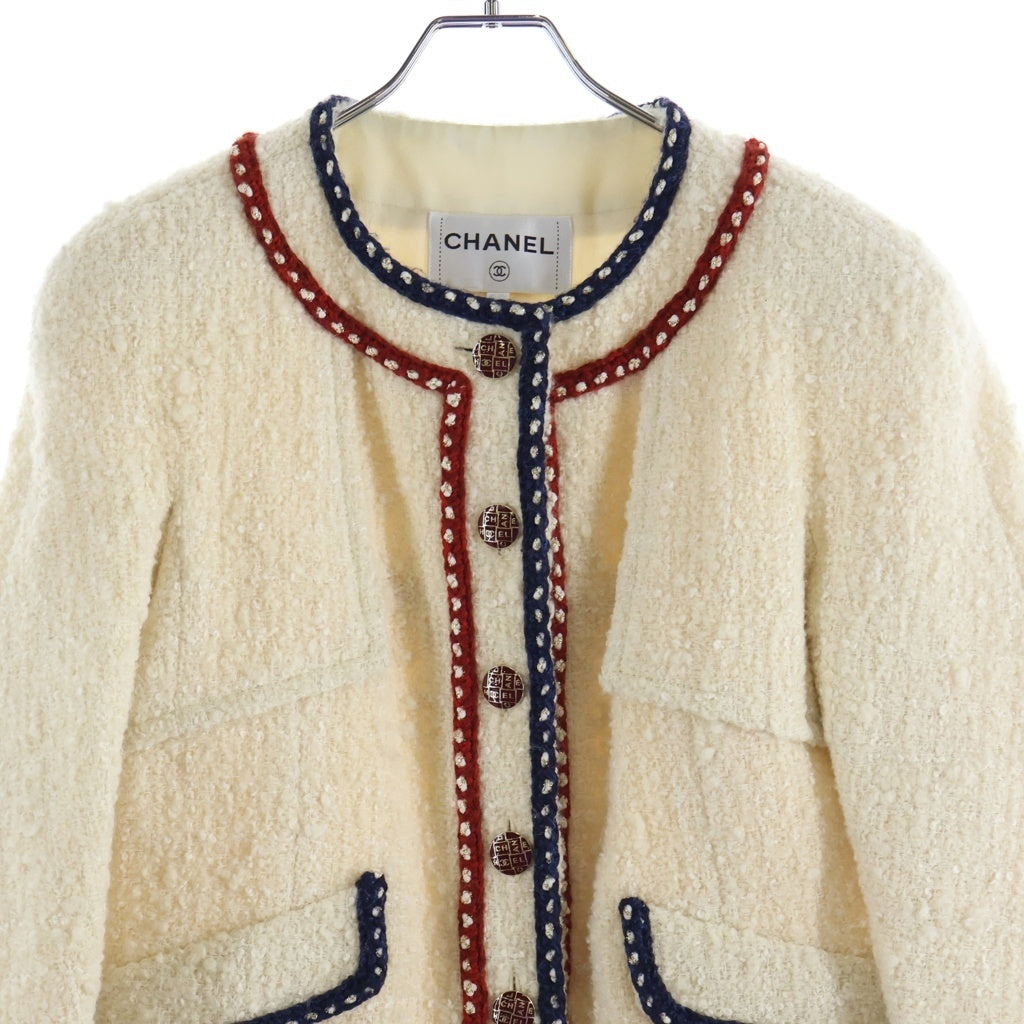 CHANEL(シャネル) ツイードノーカラーロングジャケット アイボリー ホワイト トリコロール