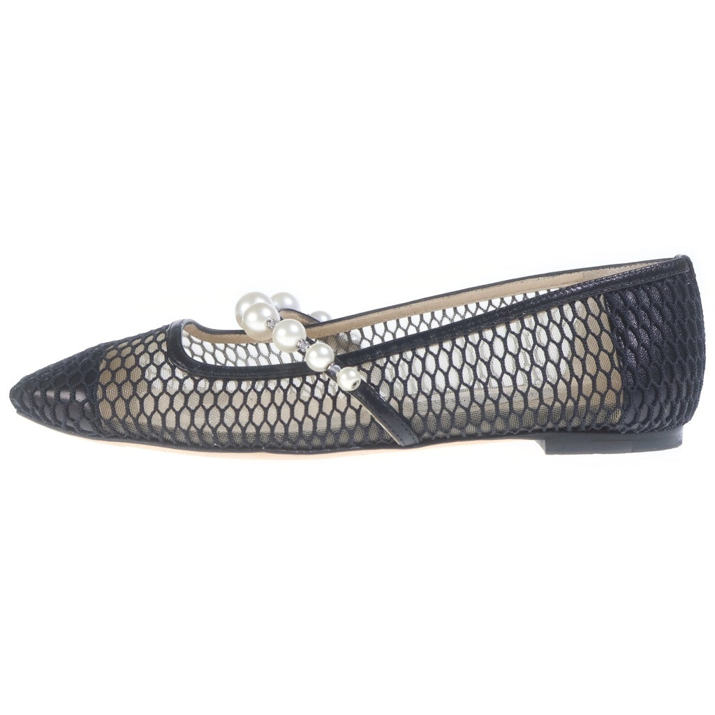 JIMMY CHOO(ジミーチュウ) パールデザイン メッシュパンプス フラットシューズ ブラック レディース