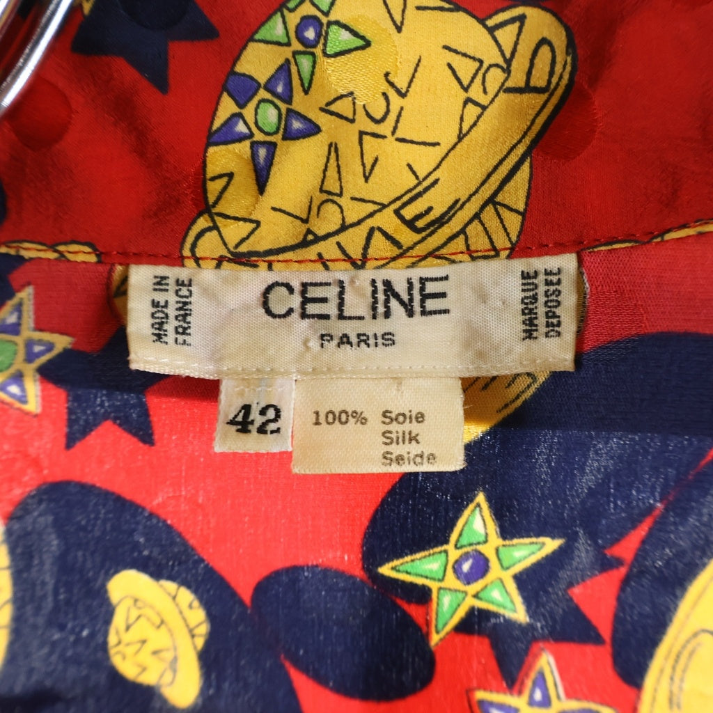 CELINE(セリーヌ) メダリオン柄 総柄 シルク ボウタイブラウス #42 レッド レディース